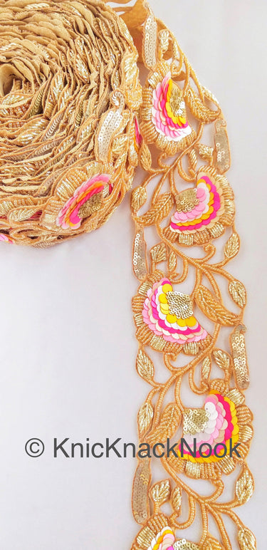 Exclusive Gold Hand Embroidered Cutwork Lace Trim, Floral Embroidery Beaded Trim, Sequins Trim